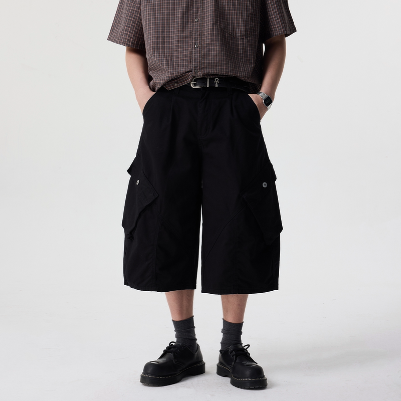 Botanica American Retro Black Wide-Leg Pocket Cargo Shorts Vintage Style High Street Scimitar 7/8 Pants