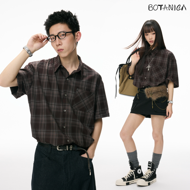 Botanica Retro Brown Plaid Shirt Short-Sleeved Couple Spring and Summer Drop Shoulder Pocket Melange Lapel Top