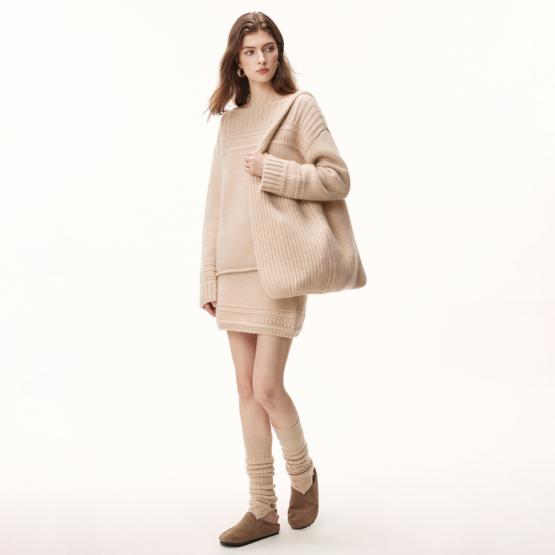 Wind-Woven Texture~One-Line Neckline Jacquard Cashmere Suit for Women, Loose Knit Top and Wool Short Skirt Two-Piece Set Wind-Woven Texture~One-Line Neckline Jacquard Cashmere Suit for Women, Loose Knit Top and Wool Short Skirt Two-Piece Set