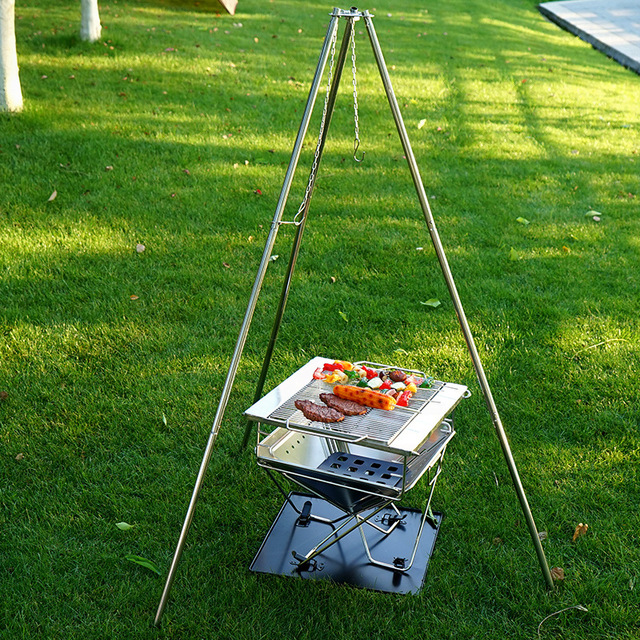 Outdoor portable wild cooking campfire large tripod BBQ tripod roast grill stainless steel hanging pan bracket
