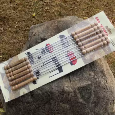 Shish kebab sign barbecue wooden handle sign Outdoor camping barbecue Stainless steel baking needle oven wooden handle baking needle accessories