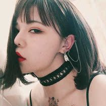  Personality star with the same long stud earrings dark feather chain without ear pierced ear clip handsome earrings Harajuku wind girl