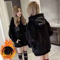 South Korean gold velvet cap sweatshirt woman loose big code plus suede thickened long sleeves even cap warm medium long blouses