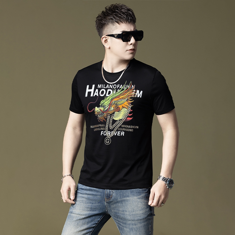 Summer New Style Gold Foil Print Short-Sleeve T-Shirt Men's European Trendy Brand Slim Casual Light Luxury Plus Size Tee Shirt