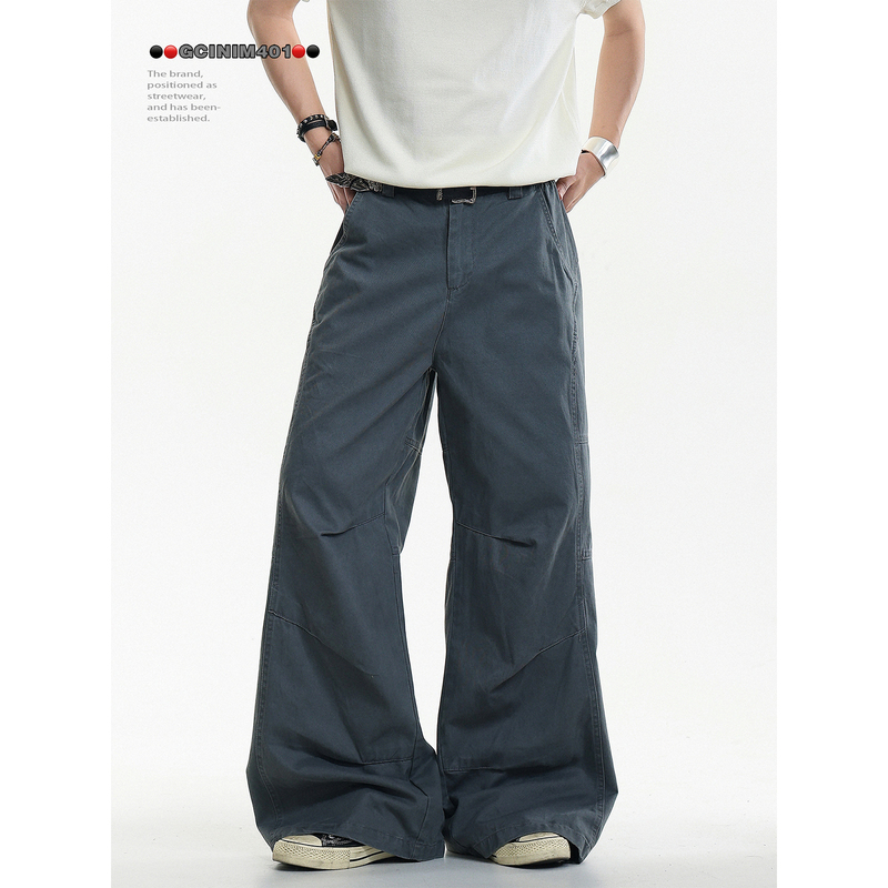 Gcinim401 American Retro Style Workwear Jeans for Men, Casual Loose Wide-Leg Pants, Vintage Versatile
