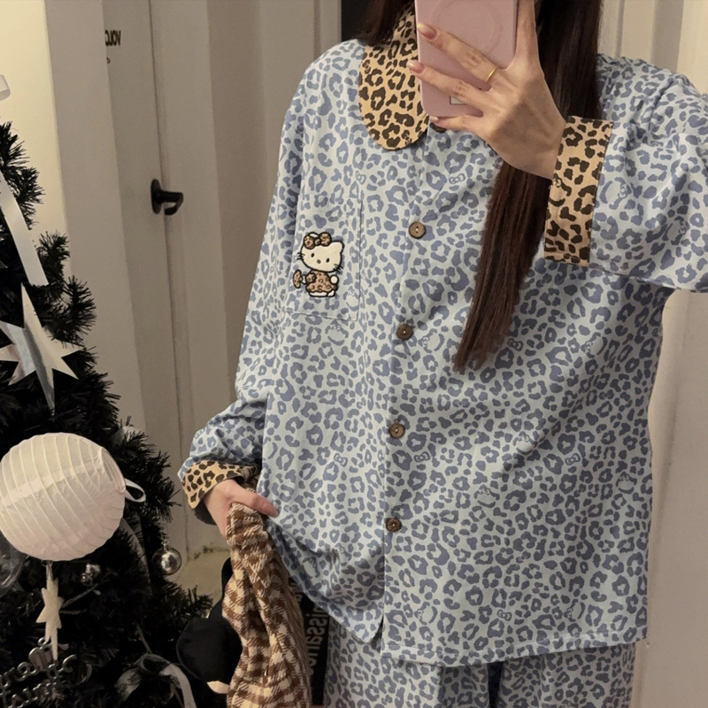Leopard Print Kt Kitten Pajamas for Women 2026 Spring and Summer Pure Cotton Long-Sleeved Long Pants High-End Large Size Home Wear Set