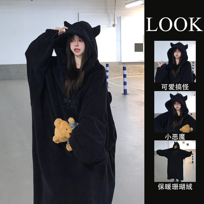 Little Devil Couple Pajamas Women's Autumn and Winter New Coral Fleece Thickened Men's Black Robe Long Home Wear Set