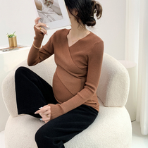 Maternity wear spring long-sleeved tops slimming bottoming shirt with cross-chest breast feeding slim solid color maternity sweater for women