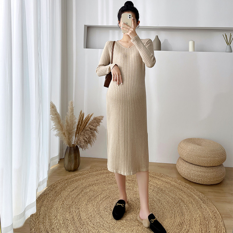 2021 Autumn Winter New Pregnancy Woman Dress Long Sleeve Sweater Korean Version Fashion Pit Bar Conspiculy Knit Lactation Hot Mother Dress