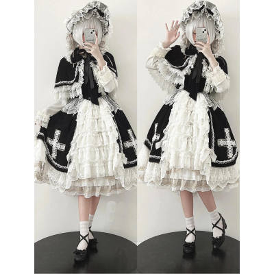 Angel Black and white cute doll-like dress, Lolita dress, JSK cape Princess Type 2, Lolita heavy Industry dress