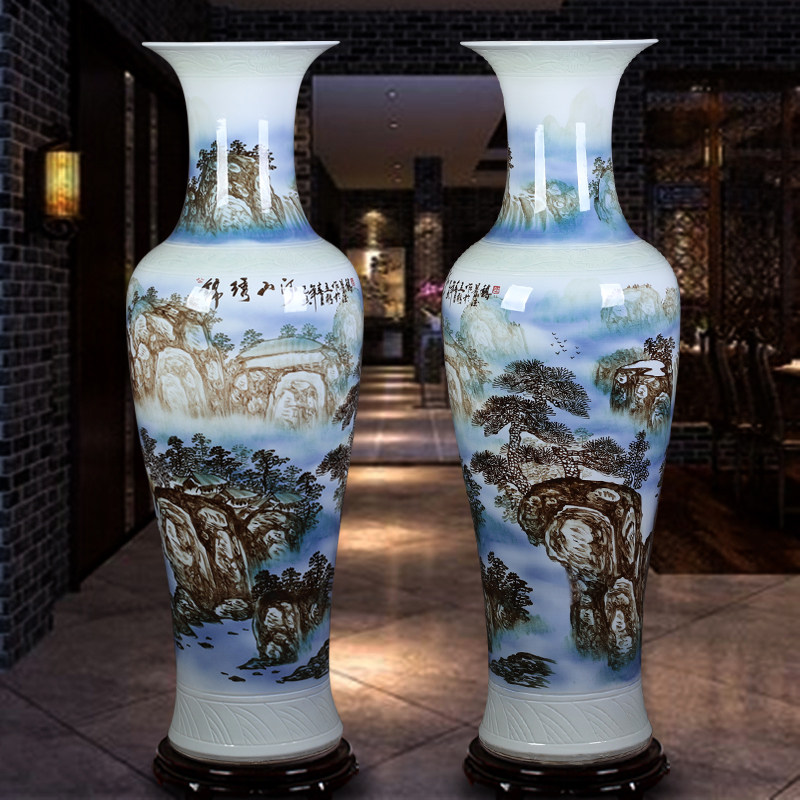 Jingdezhen Ceramics Large Vase Handpainted Green Flower Landscape Opening of Qiao relocating New house Living room Hotel Floor Decoration Pendulum