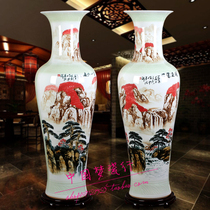 Jingdezhen porcelain large vase high-end hand-painted glaze colorful blue and white landscape floor-to-ceiling new house living room decoration ornaments