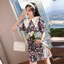  Bubble sleeve purple floral dress female summer super fairy Sen light ripe first love wind doll collar waist western style short skirt