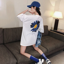  Small daisy short-sleeved t-shirt womens loose Korean version 2021 new mid-length round neck pure cotton lower body t-shirt ins