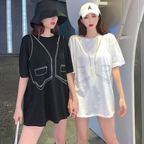 European station white t-shirt womens loose Korean version 2021 new summer design sense mid-length round neck cotton t-shirt