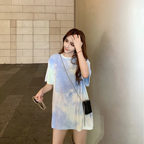  Tie-dyed short-sleeved t-shirt womens loose Korean version 2021 new design sense mid-length round neck pure cotton all-match t-shirt women