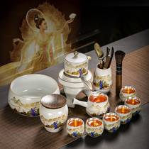 High-grade gift box tea set 999 sterling silver automatic lazy man Ru kiln gilded silver kung fu tea set for home guests teacup set