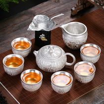 Silver tea set Momofuku 999 sterling silver gilt silver high-grade kung fu teapot teacup dragon phoenix set home gift box