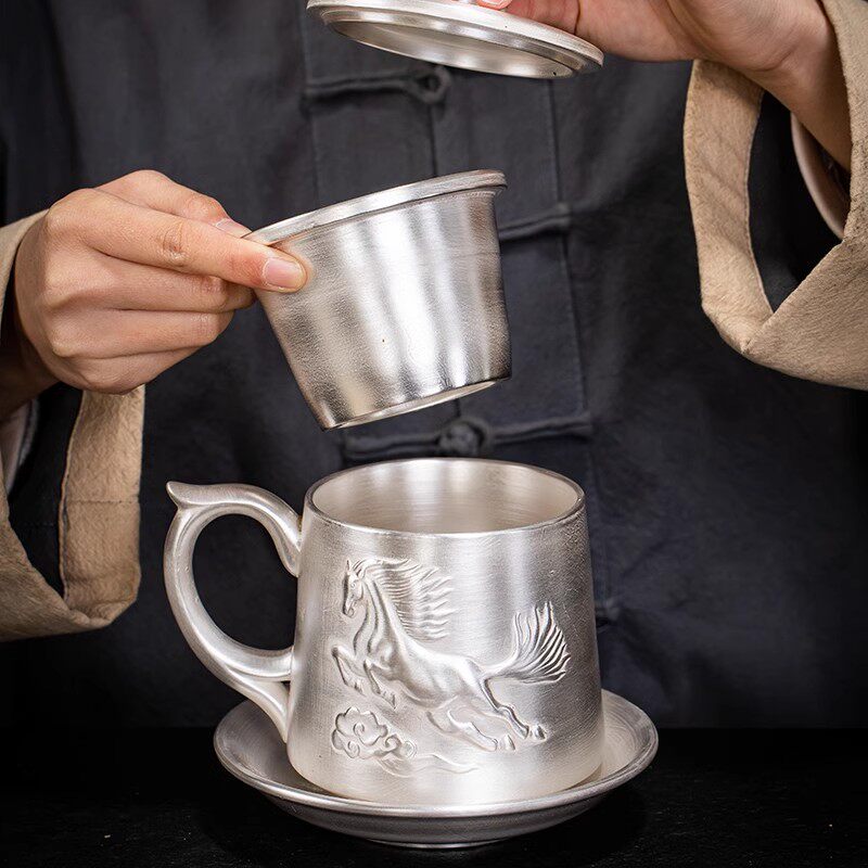 銀盃子生肖純手工銀辦公杯紫砂鎏銀手柄家用個人大容量茶水分離杯