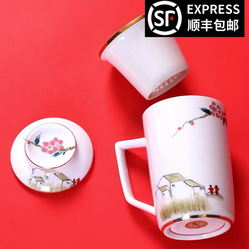 Personal office water cup 999 silver liner Blue and white porcelain tea cup with lid with filter tea water separation mug