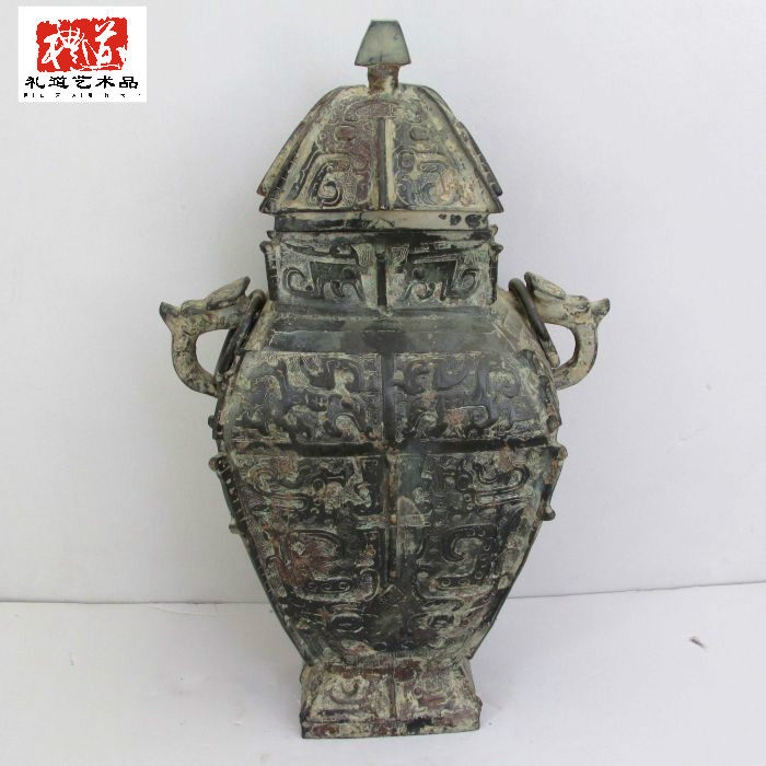 Antique bronze craft gift decoration dish square large antique red spot green embroidery with lid wine container antique miscellaneous ornaments