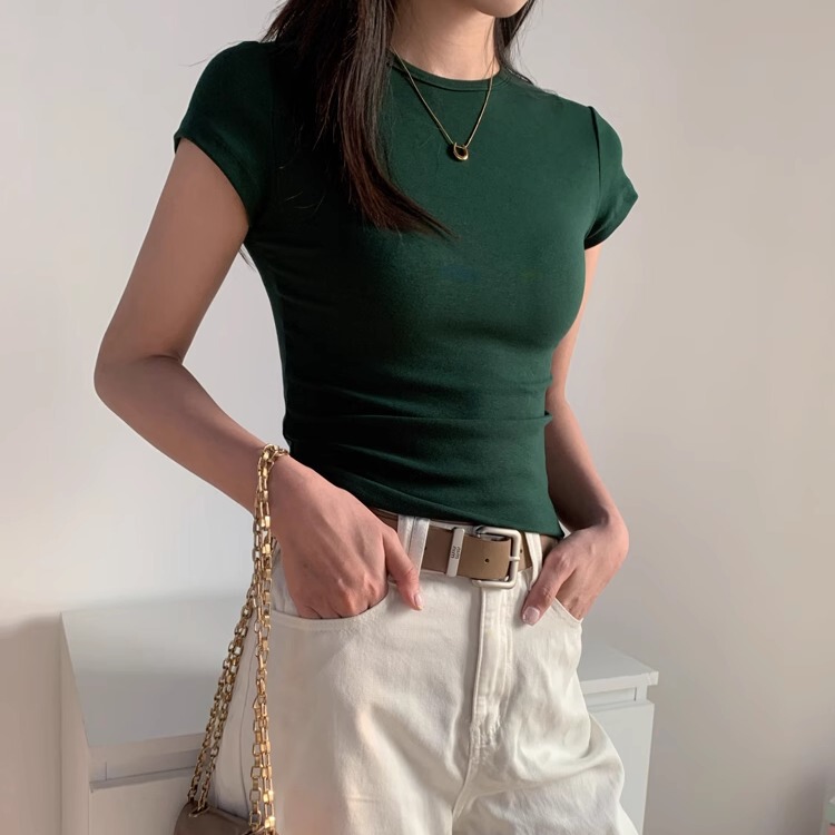 Women's Slim-Fit Round-Neck T-Shirt with Regular Shoulders, 2026 Spring/Summer, Pure Cotton, Versatile, Tight-Fitting Short-Sleeve, Slimming, Early Spring Top ins