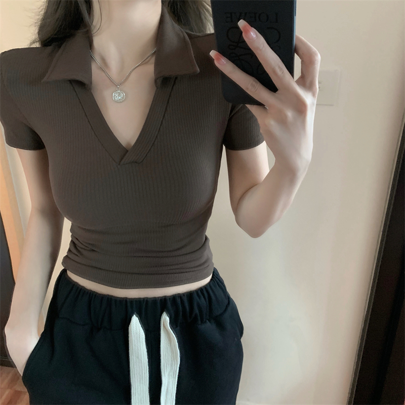 2026 Summer New Hot Girl Pure Desire Slim Fit V-Neck Slimming Polo Shirt Short Sleeve Base Layer Tight T-Shirt Top for Women
