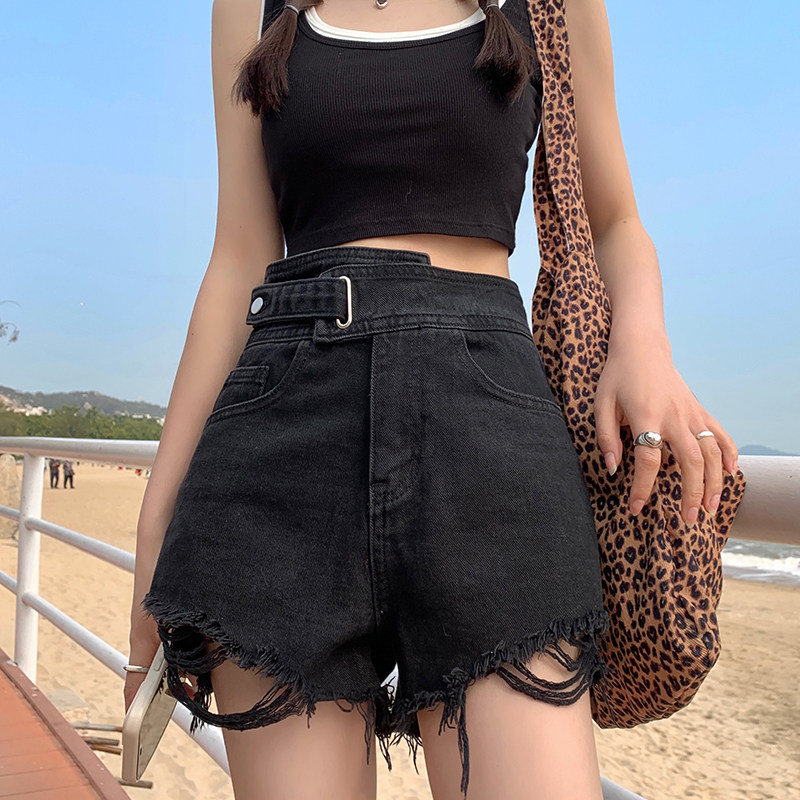 Jean shorts female summer thin waist loose and thin hole broad legs in 2021 new fat fat mm hot pants