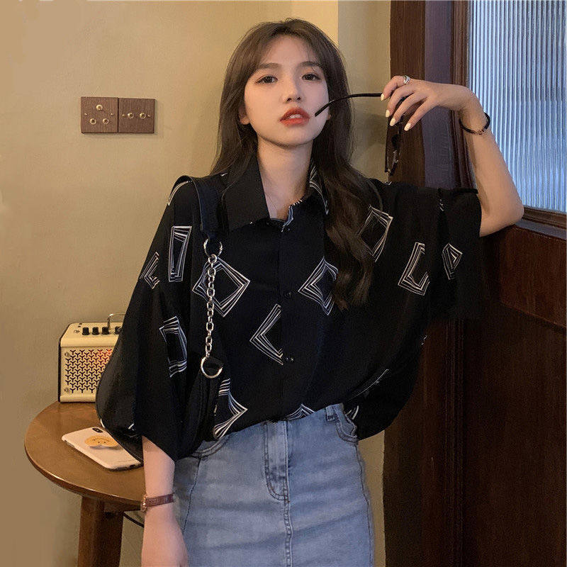 South Korea Retro Printed Foreign Pie Shirt Woman 2021 New Summer Snow Textile blouses loose large size 100 lap short sleeve shirt
