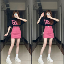 Pink Denim Half Body Dress Woman 2021 New Summer Thin Han version Ocean Gas High Waist Display Slim a pair of Hip Short Skirts