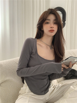 Irregular T-shirt female autumn pure wind sexy low collar hot girl slim long sleeve base shirt short top