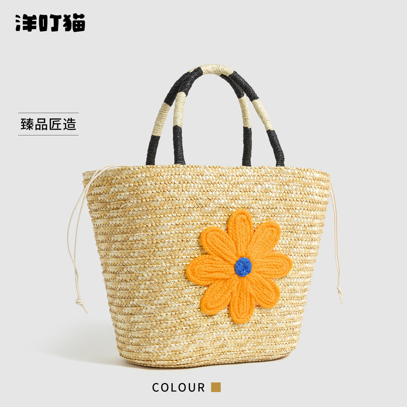 Yandengmao French-Style Floral Raffia Woven Bag for Women 2026 New Summer Seaside Vacation Large-Capacity Straw Bag
