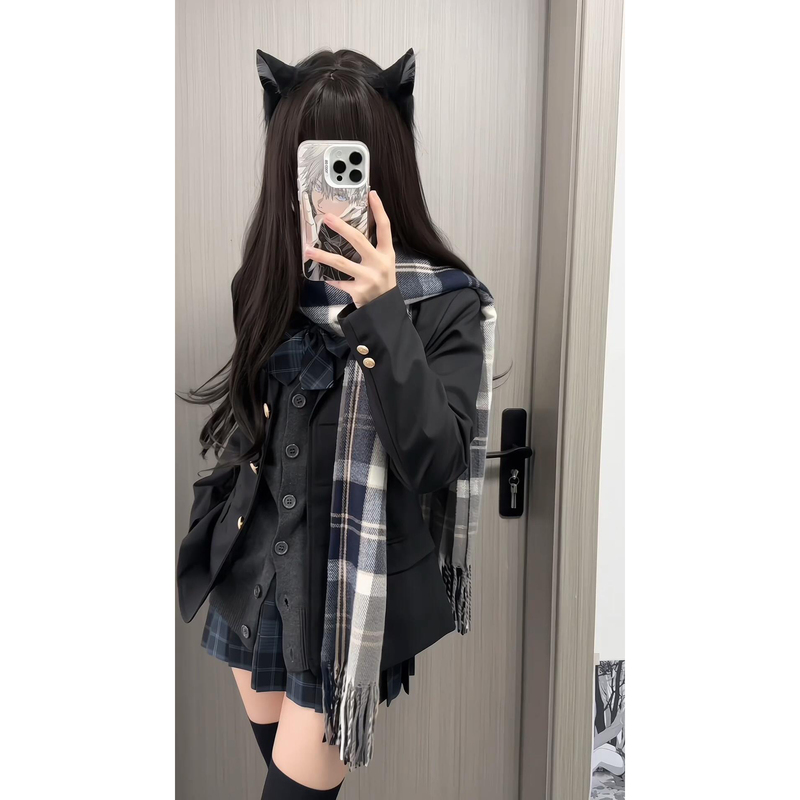Jk Uniform Original Plaid Skirt Layered School-Style Suit Black Blazer Autumn and Winter Sailor Scarf Set