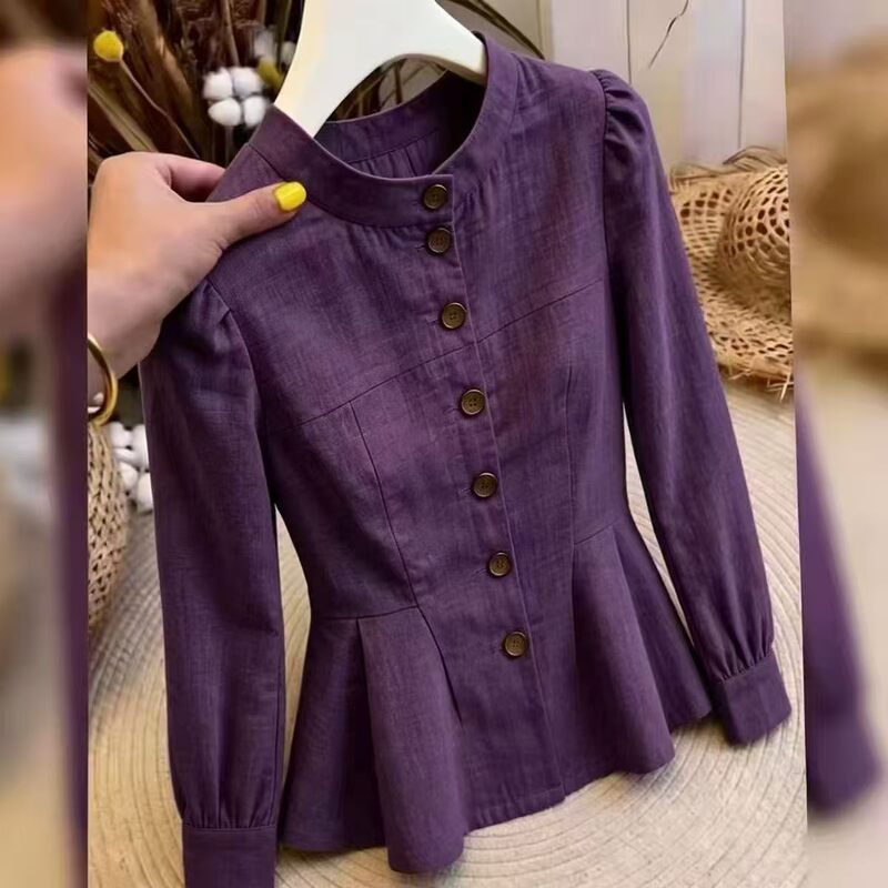 Korean-Style Fashion Stand-Collar Single-Breasted Grape Purple Long-Sleeve Shirt 2026 Autumn New Elegant Versatile Commuter Top Korean-Style Fashion Stand-Collar Single-Breasted Grape Purple Long-Sleeve Shirt 2026 Autumn New Elegant Versatile Commuter Top