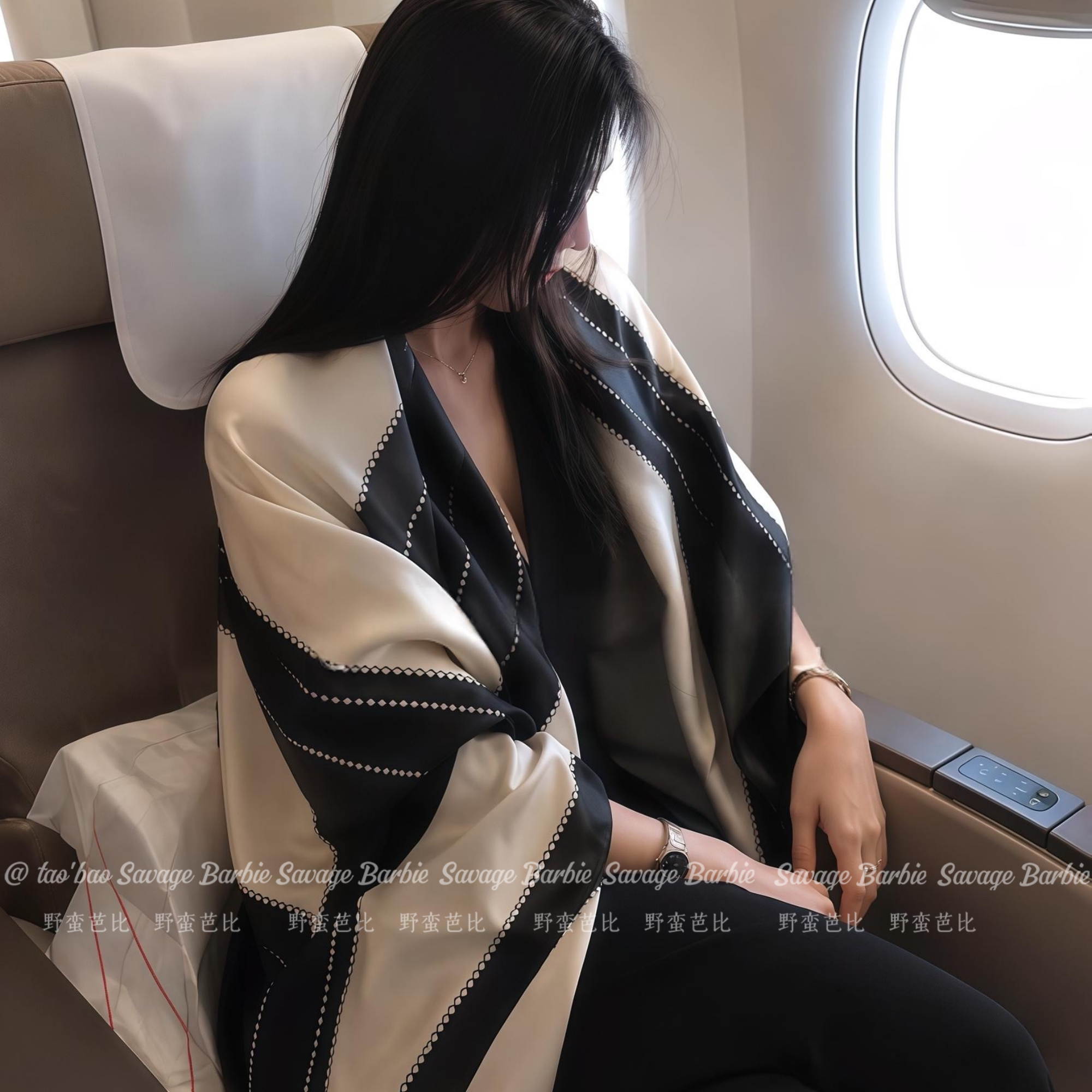 Retro vintage style beige and black color-blocked shawl, elegant and luxurious, perfect for office or air-conditioned rooms.