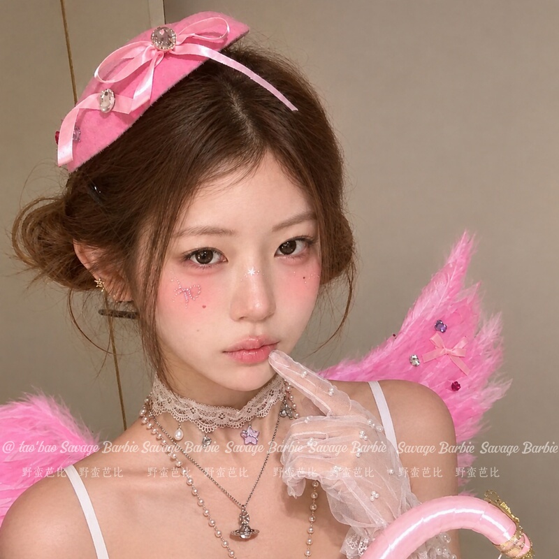 Halloween Pink Bow Zircon Top Hat Cosplay Cupid Feather Wings Set Atmosphere Props