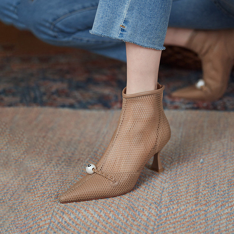 Female thin section Short boot Summer custard with sandals Breathable Mesh Yarn Cool Boots Lady Hollowed-out High Heels Summer New