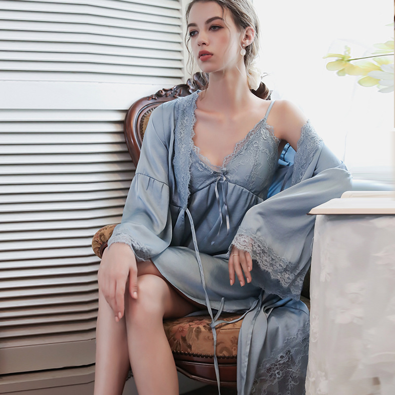 French sexy pajamas Spring autumn silk satin with dressing robe lace court dress