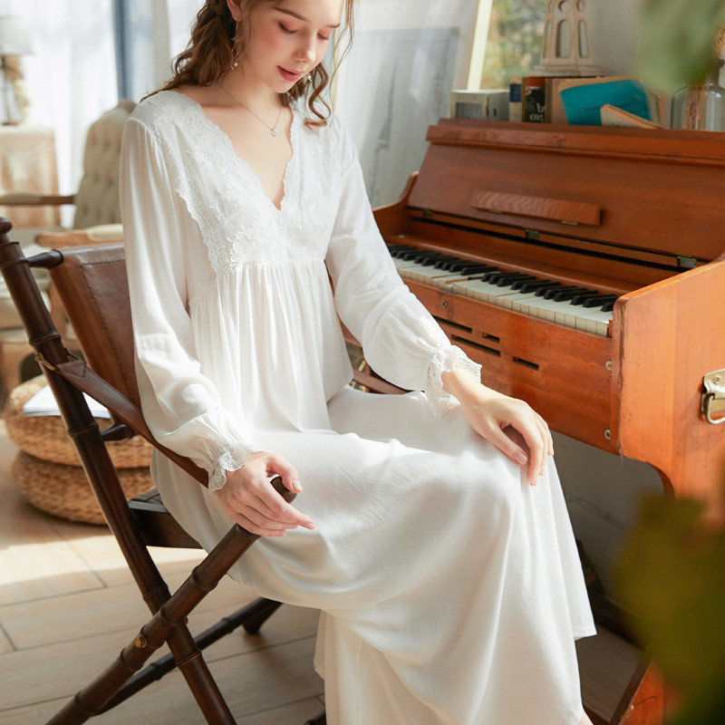 Nightgown for Women, Spring and Autumn, Long, Plus Size, White, Pure Cotton, Palace Princess Style, Lace Fairy Long Dress, Thin French-Style Nightgown