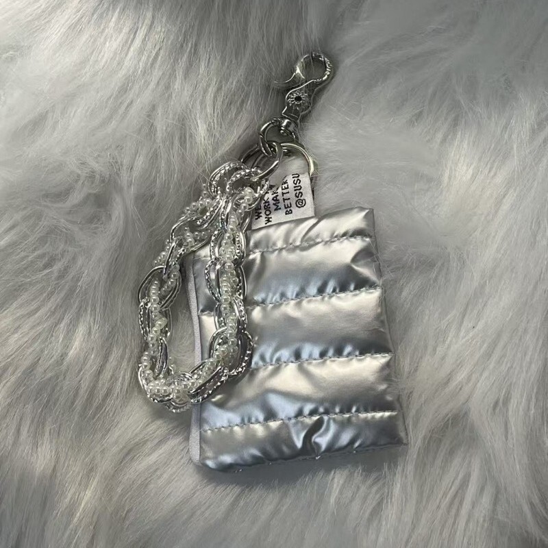 Niche Fashion Trendy Girl Down-Filled Small Square Coin Purse Portable Keychain Pendant Y2K Pearl Women's Accessory