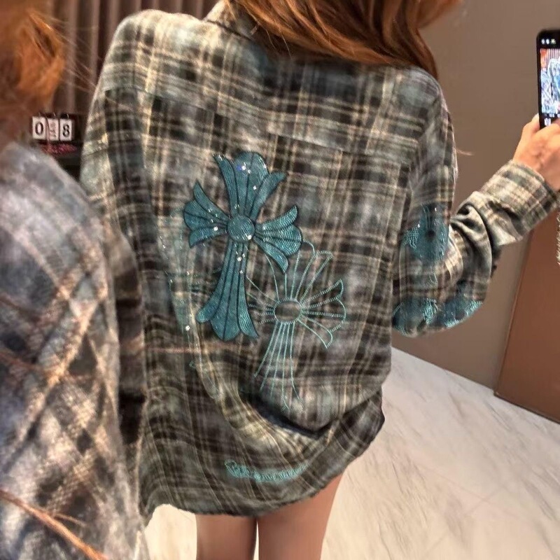 Last Danse American Retro Plaid Shirt for Women, Long-Sleeved, with Cross-Shaped Rhinestones, Loose-Fitting Plaid Shirt Jacket
