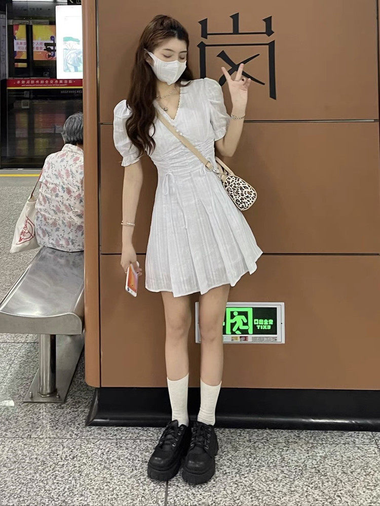 French first love little white dress gentle wind platycodon puff sleeves small waist waist temperament can be salty and sweet dress summer