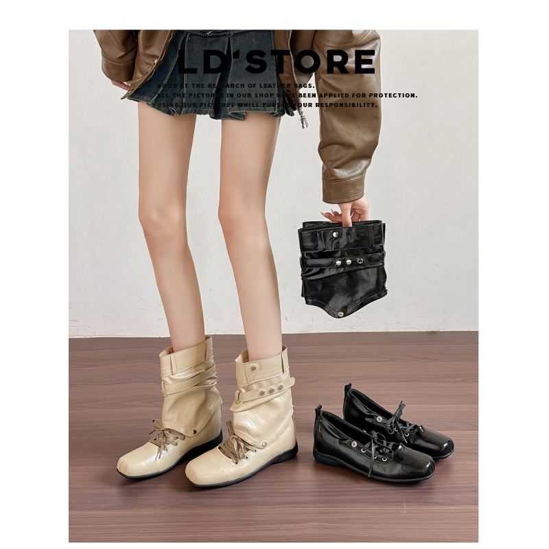 Genuine Leather ~ Detachable Two-Way Square-Toe Lace-Up Ballet Sandals Summer Boots Pleated Stacked Boots with Hidden Height Increase Short Boots Genuine Leather ~ Detachable Two-Way Square-Toe Lace-Up Ballet Sandals Summer Boots Pleated Stacked Boots with Hidden Height Increase Short Boots