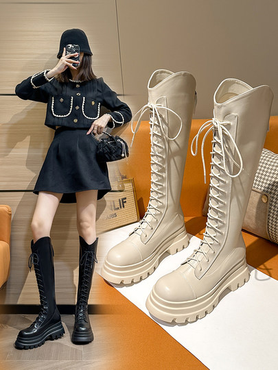 六点大叔 真皮 显瘦长筒靴女不过膝2024新款绑带长靴百搭骑士靴女