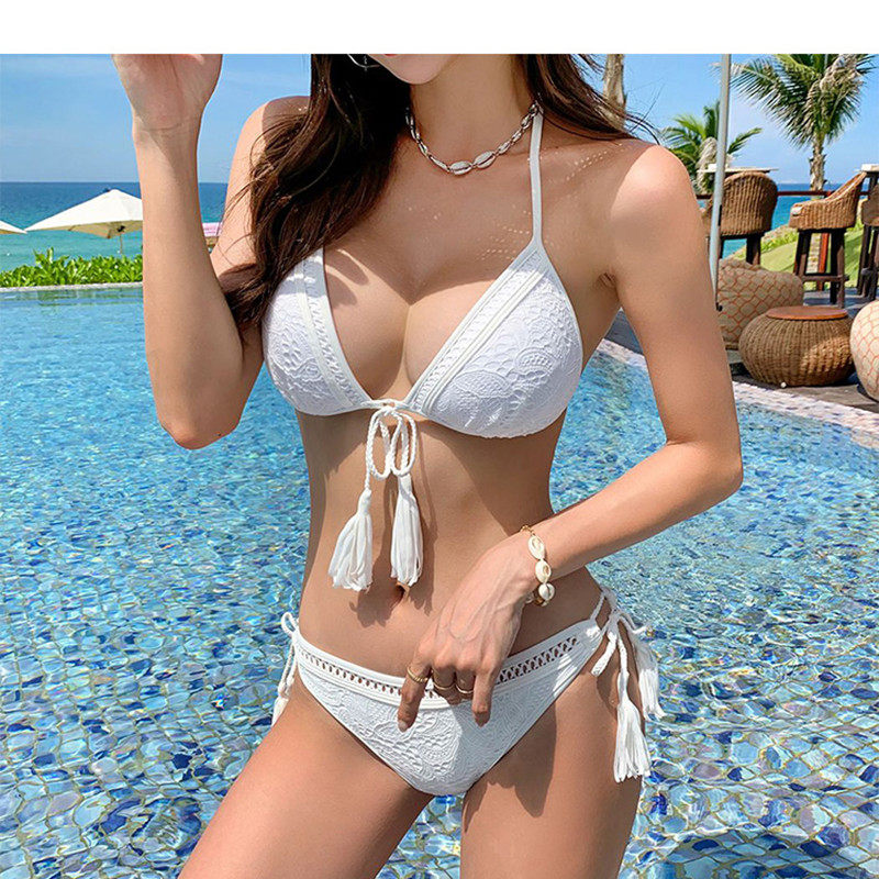 White swimsuit female sexy size chest strap triangle bikini split net red hot spring vacation swimsuit female