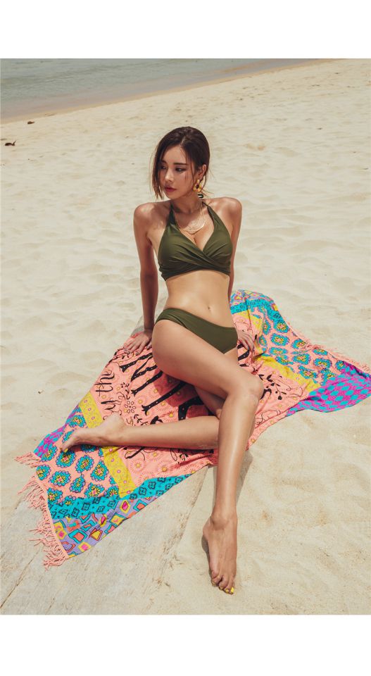 Áo tắm nữ chia tay quân đội màu xanh lá cây kích thước ngực che bụng thon gọn gợi cảm bikini bãi biển Hàn Quốc - Bikinis Bikini Quyến Rũ Gợi Cảm 
