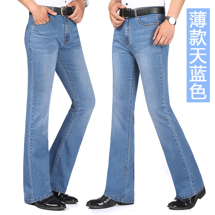 Mùa xuân và mùa hè phần mỏng nam eo micro-horn jeans stretch slim quần pháo sáng denim micro-chuông quần