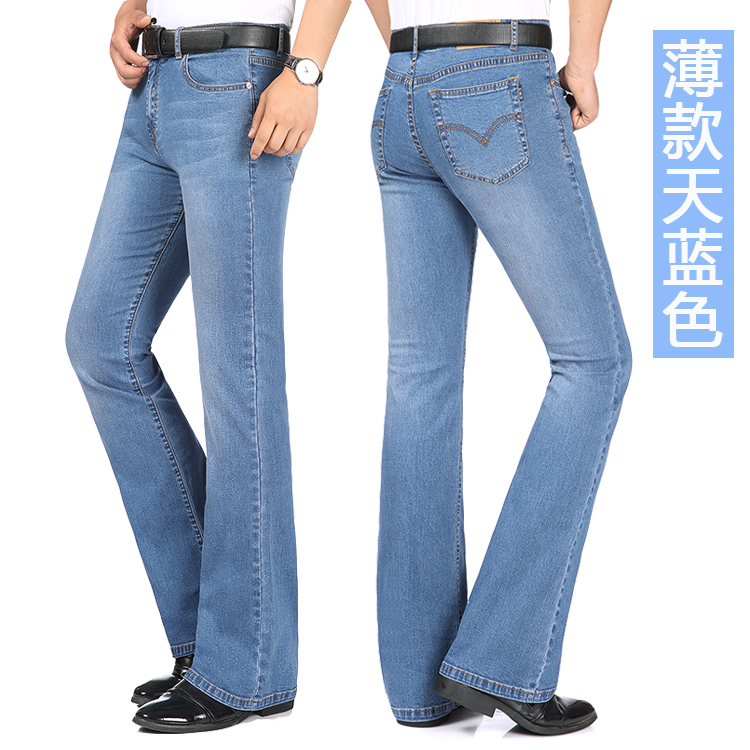 Mùa xuân và mùa hè phần mỏng nam eo micro-horn jeans stretch slim quần pháo sáng denim micro-chuông quần