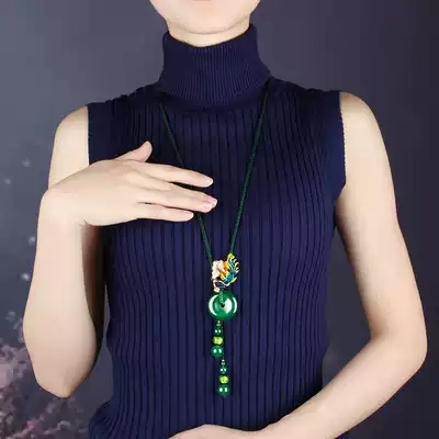 Ethnic style necklace female retro sweater chain long version pendant agate safety buckle wild adjustable green lanyard accessories