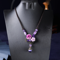 Retro Pendant Jewelry Natural Amethyst Necklace Pendant Purple Pink Rose Flower choker National Style Women
